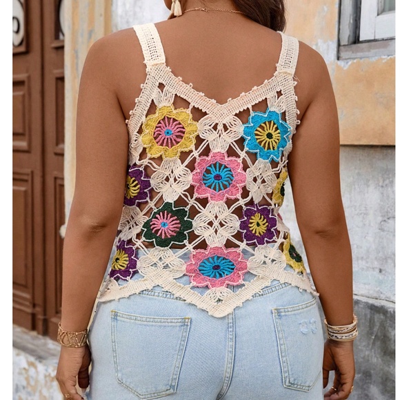 Plus Colorful Floral Crochet Semi Sheer Tank top - Picture 2 of 6